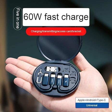 Fast Charging Travel Cabel Set. 5 in 1 Fast 60 watt Charging Data Cable Travel Kit for Type C, Apple & Android Smarphones, Multi Charging Cable Case Convertor USB C to Lightning/Type C/Micro USB Adapter seT BLACK