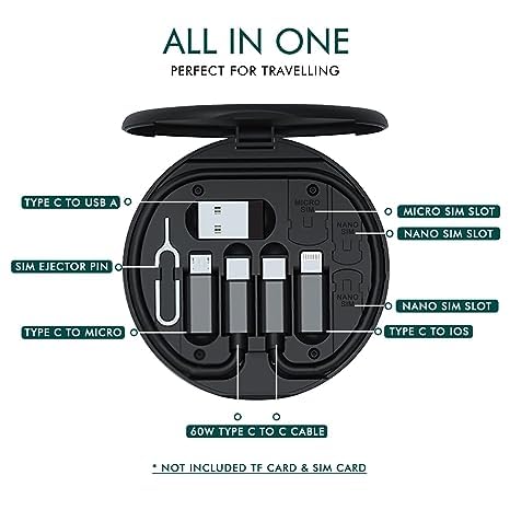 Fast Charging Travel Cabel Set. 5 in 1 Fast 60 watt Charging Data Cable Travel Kit for Type C, Apple & Android Smarphones, Multi Charging Cable Case Convertor USB C to Lightning/Type C/Micro USB Adapter seT BLACK