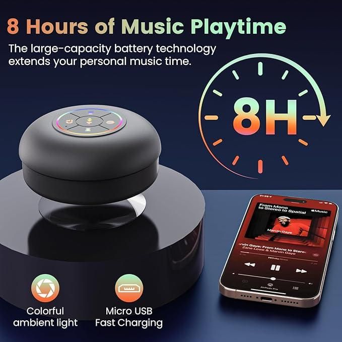 FKLBBLPM Large Suction Cup Waterproof Bluetooth Speaker LED Light Light Waterproof Bathroom Bluetooth Speaker (Black)