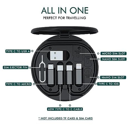 Fast Charging Travel Cabel Set. 5 in 1 Fast 60 watt Charging Data Cable Travel Kit for Type C, Apple & Android Smarphones, Multi Charging Cable Case Convertor USB C to Lightning/Type C/Micro USB Adapter seT BLACK